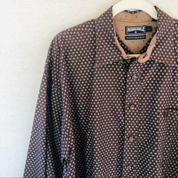 Panhandle Mens Slim Brown Print Button Down Shirt Large - Picture 3 of 9